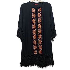 Tigerlily Embroidered Button Down Fringe Cardigan Cruise Dress Small Black